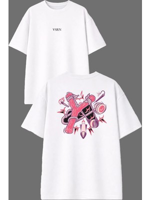 Vsrn Sapan Pembe Tasarım Ön Arka Baskılı Beyaz Oversize T Shirt