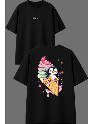 Vsrn Ice Cream Penguen Tasarım Ön Arka Baskılı Siyah Oversize T Shirt