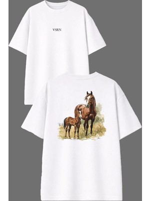 Vsrn At Ailesi Tasarım Ön Arka Baskılı Beyaz Oversize T Shirt