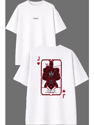Vsrn J Kart Tasarım Ön Arka Baskılı Beyaz Oversize T Shirt