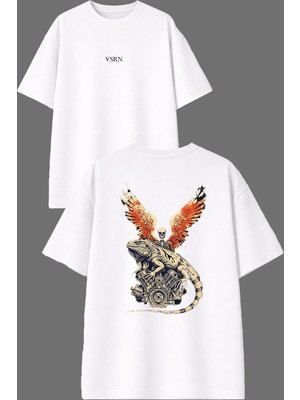 Vsrn Bukalemun Iskelet Tasarım Ön Arka Baskılı Beyaz Oversize T Shirt