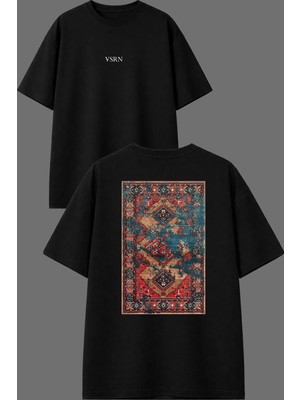 Vsrn Mavi Detaylı Etnik Halı Tasarım Ön Arka Baskılı Siyah Oversize T Shirt