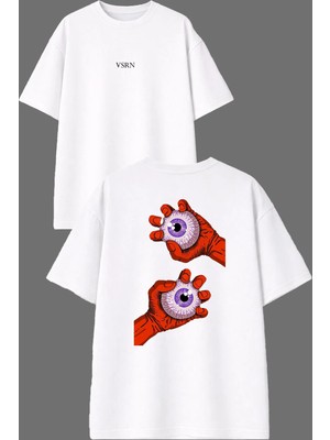 Vsrn Iki Göz Tasarım Ön Arka Baskılı Beyaz Oversize T Shirt