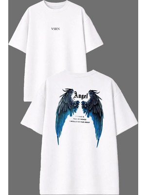 Vsrn Çift Kanat Tasarım Ön Arka Baskılı Beyaz Oversize T Shirt