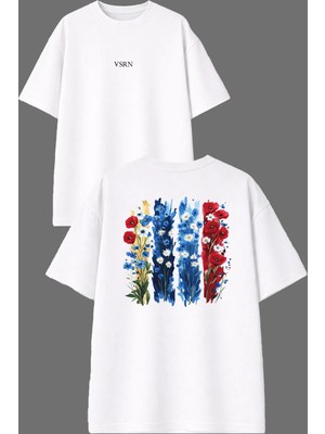 Vsrn 4 Çeşit Çiçek Tasarım Ön Arka Baskılı Beyaz Oversize T Shirt