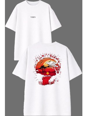 Vsrn Kızıl Gök Tasarım Ön Arka Baskılı Beyaz Oversize T Shirt