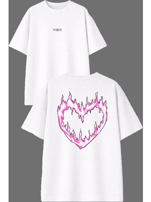 Vsrn Pembe Kalp Alev Tasarım Ön Arka Baskılı Beyaz Oversize T Shirt