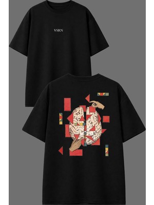 Vsrn Parçalı Beyin Tasarım Ön Arka Baskılı Siyah Oversize T Shirt