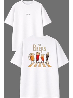 Vsrn The Beers Tasarım Ön Arka Baskılı Beyaz Oversize T Shirt