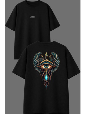 Vsrn Tek Gözlü Kılıç Tasarım Ön Arka Baskılı Siyah Oversize T Shirt