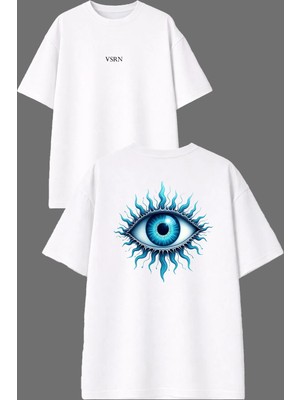 Vsrn Dev Mavi Göz Tasarım Ön Arka Baskılı Beyaz Oversize T Shirt