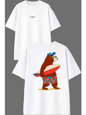 Vsrn Tatilde Ayı Tasarım Ön Arka Baskılı Beyaz Oversize T Shirt