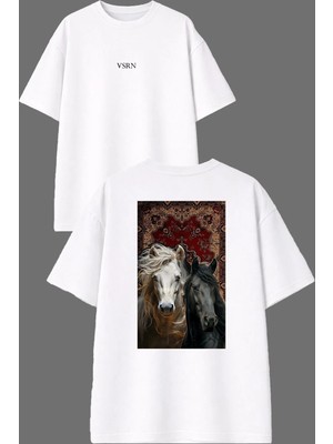 Vsrn Iki Güzel At Etnik Tasarım Ön Arka Baskılı Beyaz Oversize T Shirt