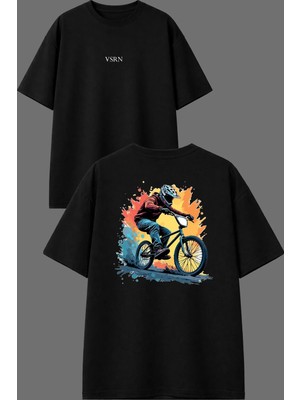 Vsrn Hareketci Bisikletçi Tasarım Ön Arka Baskılı Siyah Oversize T Shirt