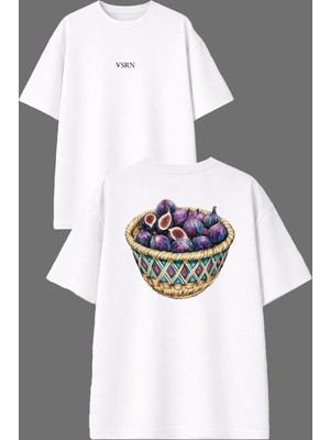 Vsrn Bir Sepet Incir Tasarım Ön Arka Baskılı Beyaz Oversize T Shirt
