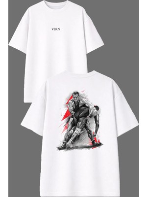 Vsrn Güreşçiler Tasarım Ön Arka Baskılı Beyaz Oversize T Shirt
