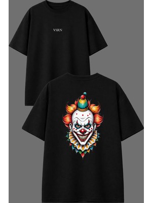 Vsrn Korkunç Palyaço Tasarım Ön Arka Baskılı Siyah Oversize T Shirt