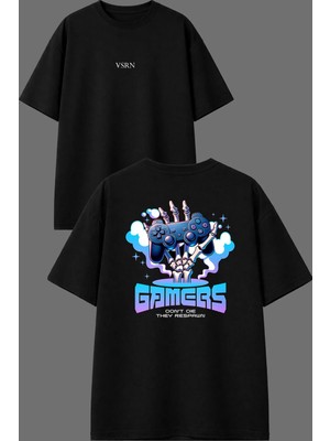 Vsrn Gamers Tasarım Ön Arka Baskılı Siyah Oversize T Shirt