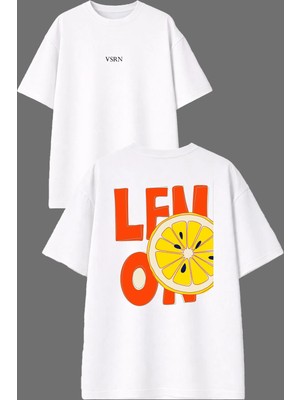 Vsrn Lfno Tasarım Ön Arka Baskılı Beyaz Oversize T Shirt