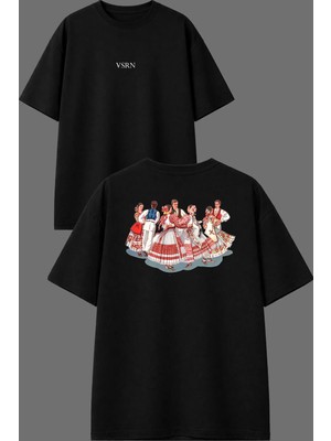 Vsrn Halk Oyunları Tasarım Ön Arka Baskılı Siyah Oversize T Shirt