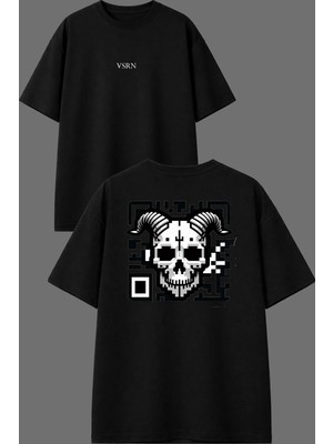 Vsrn Qr Iskelet Tasarım Ön Arka Baskılı Siyah Oversize T Shirt