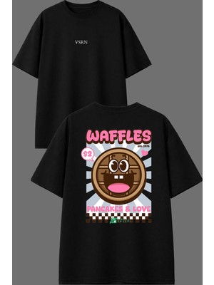 Vsrn Tatlı Waffle Tasarım Ön Arka Baskılı Siyah Oversize T Shirt