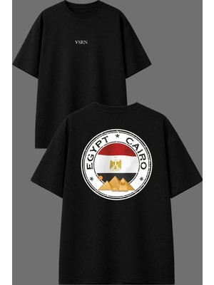 Vsrn Yuvarlak Egypt 1 Tasarım Ön Arka Baskılı Siyah Oversize T Shirt
