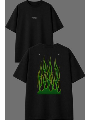Vsrn Yeşil Alevli Tasarım Ön Arka Baskılı Siyah Oversize T Shirt