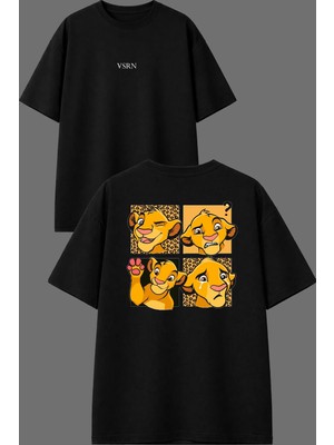 Vsrn Leopar Aslan Tasarım Ön Arka Baskılı Siyah Oversize T Shirt
