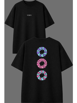 Vsrn 3 Yuvarlak Tasarım Ön Arka Baskılı Siyah Oversize T Shirt