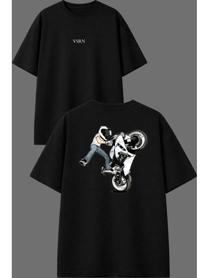 Vsrn Havalı Motorcu Hareketi 1 Tasarım Ön Arka Baskılı Siyah Oversize T Shirt