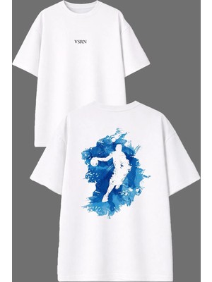 Vsrn Mavi Basketbol Tasarım Ön Arka Baskılı Beyaz Oversize T Shirt