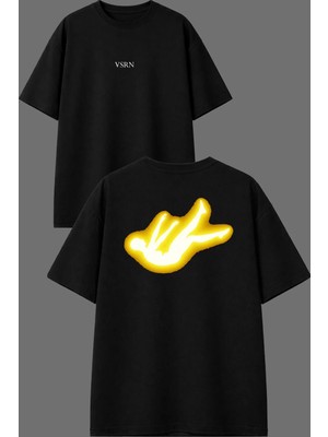 Vsrn Düşen Melek Tasarım Ön Arka Baskılı Siyah Oversize T Shirt