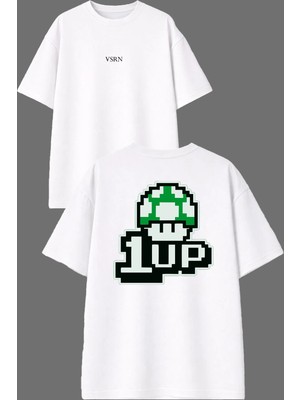 Vsrn 1 Lvl Mantar Tasarım Ön Arka Baskılı Beyaz Oversize T Shirt