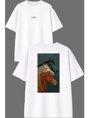 Vsrn 3 Renkli At Tasarım Ön Arka Baskılı Beyaz Oversize T Shirt