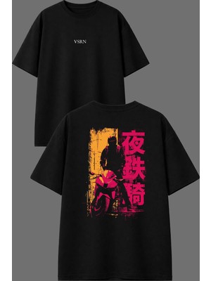 Vsrn Motorcu Japon Tasarım Ön Arka Baskılı Siyah Oversize T Shirt