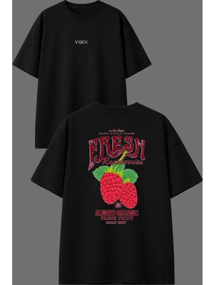 Vsrn Fresh Rasberries Tasarım Ön Arka Baskılı Siyah Oversize T Shirt