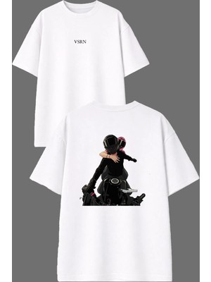 Vsrn Motorla Tur Gece Çift Tasarım Ön Arka Baskılı Beyaz Oversize T Shirt