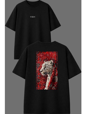 Vsrn Kırmızı Halı Leopar Tasarım Ön Arka Baskılı Siyah Oversize T Shirt