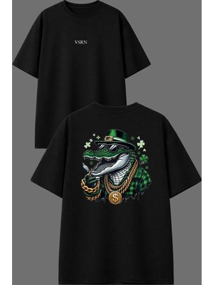 Vsrn Rich Timsh Tasarım Ön Arka Baskılı Siyah Oversize T Shirt