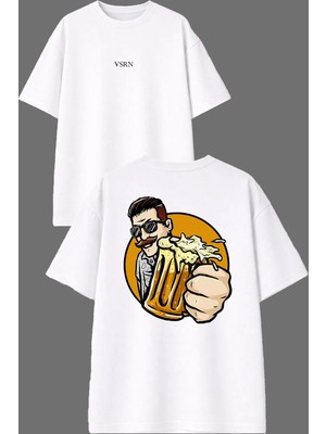 Vsrn Beer Friends Tasarım Ön Arka Baskılı Beyaz Oversize T Shirt