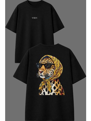 Vsrn Havalı Yaşlı Leopar Tasarım Ön Arka Baskılı Siyah Oversize T Shirt