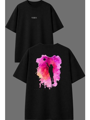 Vsrn Pembe Basketbol Tasarım Ön Arka Baskılı Siyah Oversize T Shirt