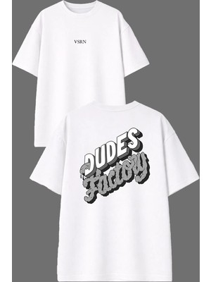 Vsrn Dude Fac Tasarım Ön Arka Baskılı Beyaz Oversize T Shirt