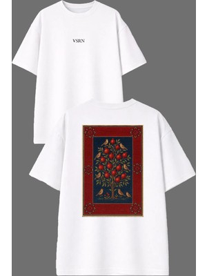 Vsrn Nar Ağacı Etnik Tasarım Ön Arka Baskılı Beyaz Oversize T Shirt