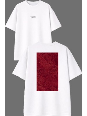 Vsrn Kırmızı Kaotik Desenli Halı Tasarım Ön Arka Baskılı Beyaz Oversize T Shirt
