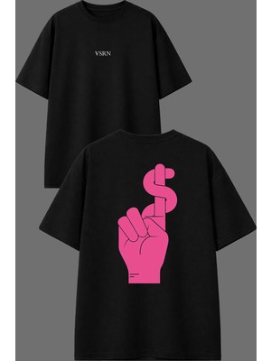 Vsrn Herşey Para Tasarım Ön Arka Baskılı Siyah Oversize T Shirt