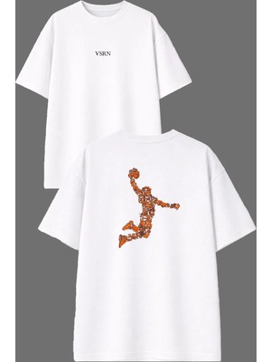 Vsrn Basketbol Figürleri Tasarım Ön Arka Baskılı Beyaz Oversize T Shirt