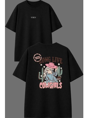Vsrn Cow Girl Tasarım Ön Arka Baskılı Siyah Oversize T Shirt