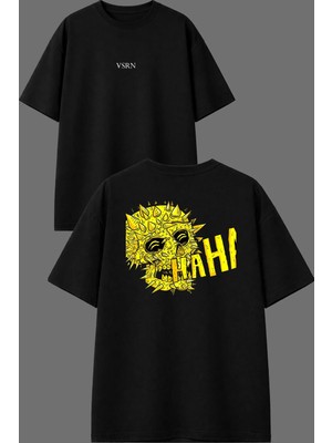 Vsrn Iskelet Haha Tasarım Ön Arka Baskılı Siyah Oversize T Shirt
